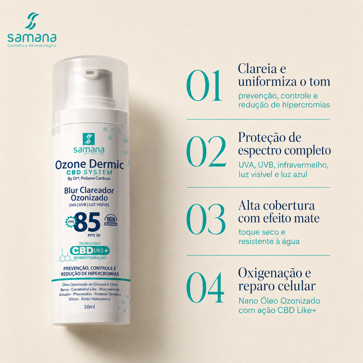 Blur Clareador com Ozônio FPS 85 OzoneDermic 50g — principais benefícios