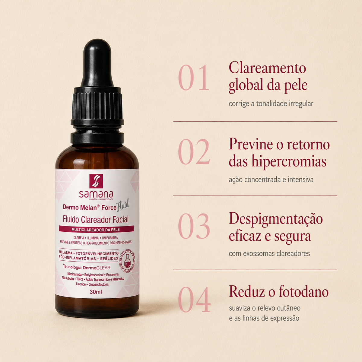 Fluido Clareador de Manchas Dermo Melan Force 30ml — principais benefícios