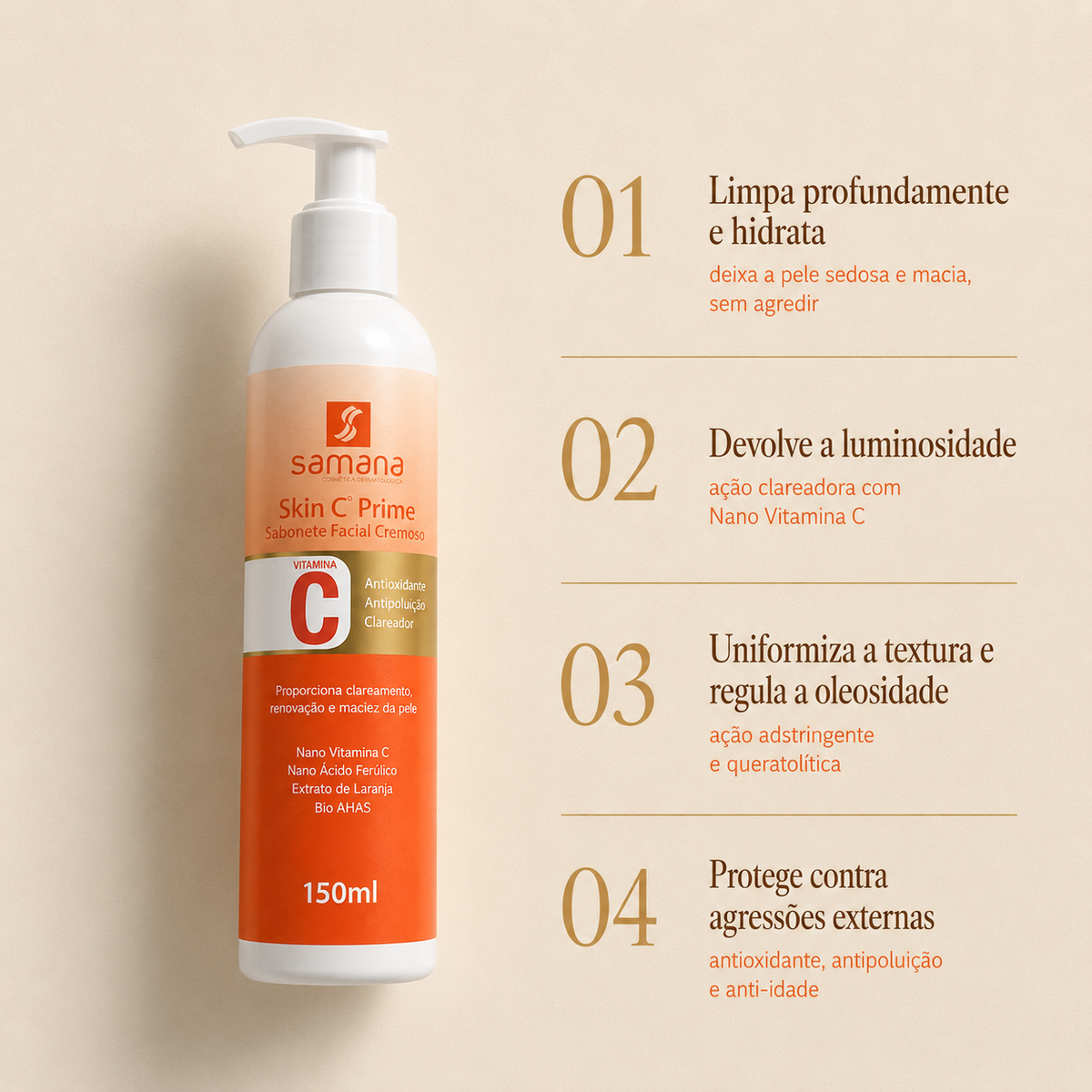 Sabonete Facial com Vitamina C Samana Skin C Prime 150ml — principais benefícios