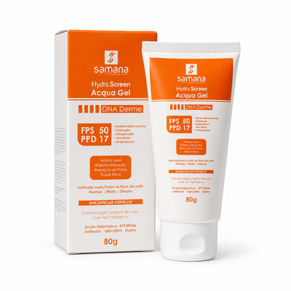 Samana Protetor Solar Hydra Screen Acqua Gel FPS 50 80g — frasco e embalagem