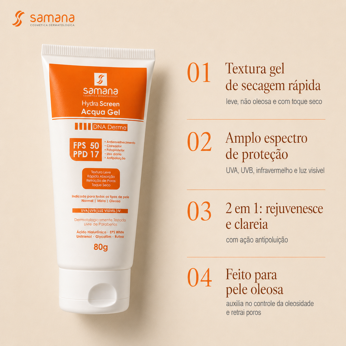 Samana Protetor Solar Hydra Screen Acqua Gel FPS 50 80g — principais benefícios