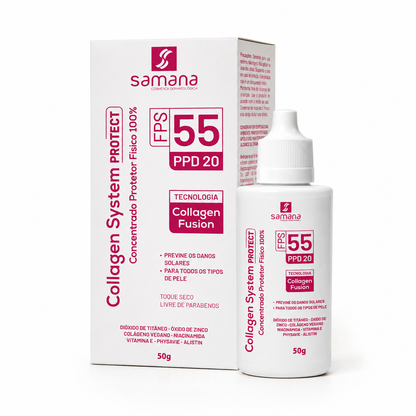 Protetor Solar 100% físico Collagen System FPS 55 — frasco e embalagem