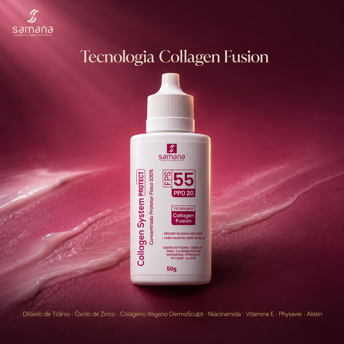 Protetor Solar 100% físico Collagen System FPS 55 — tecnologia e ativos