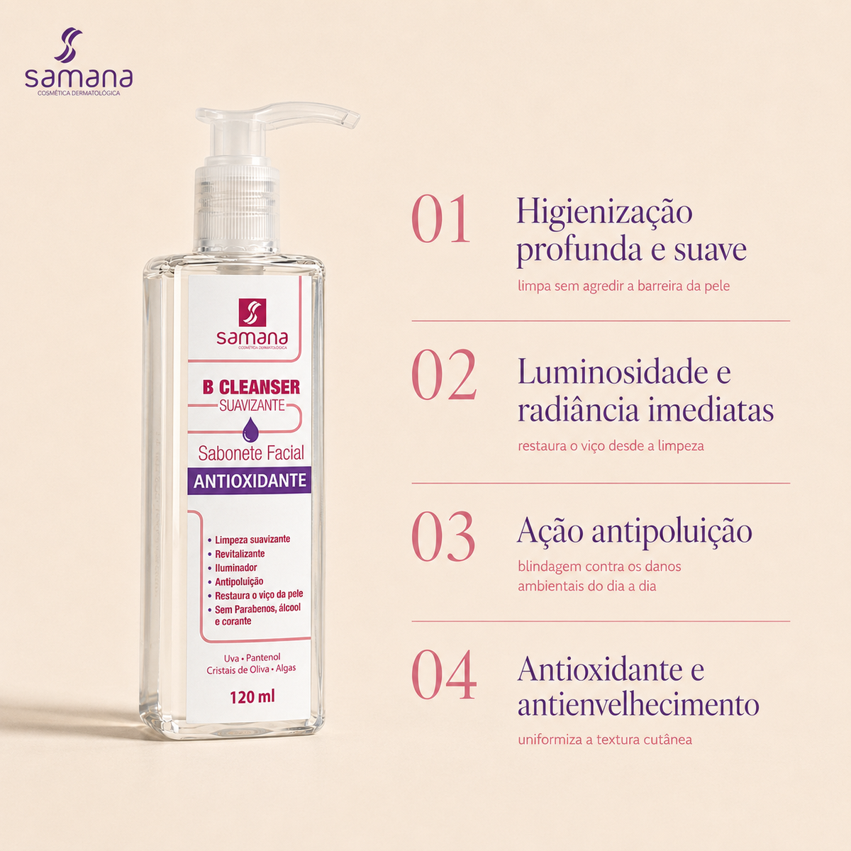 Sabonete Facial B Cleanser Antioxidante Samana 120ml — principais benefícios