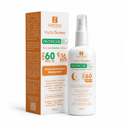 Protetor Solar Fluido Antiacne Hydra Screen FPS 60 140ml — frasco e embalagem
