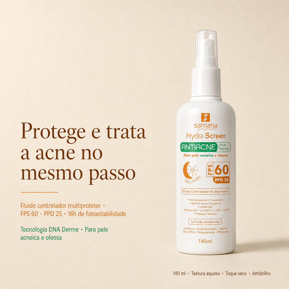 Protetor Solar Fluido Antiacne Hydra Screen FPS 60 140ml — protetor solar para pele acneica e oleosa