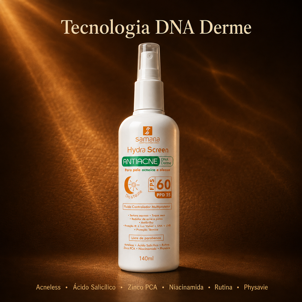 Protetor Solar Fluido Antiacne Hydra Screen FPS 60 140ml — tecnologia e ativos