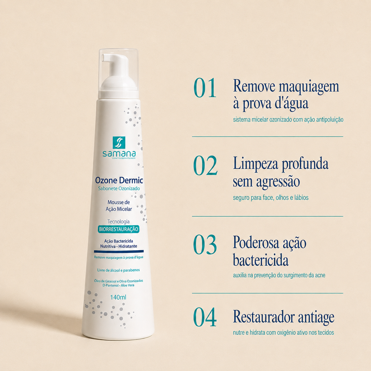 Samana Sabonete Facial Micelar Ozonizado Ozone Dermic 140ml — principais benefícios