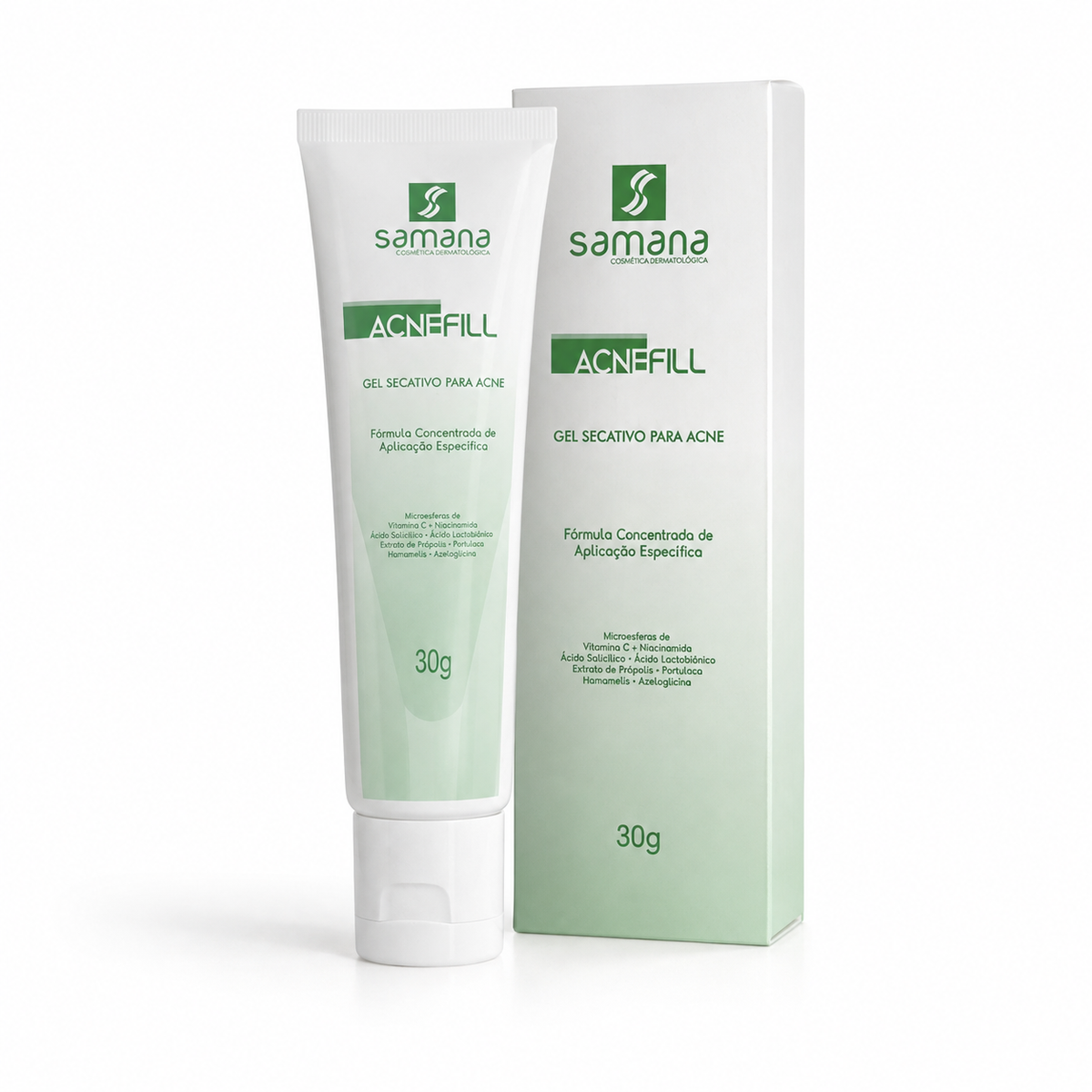 Samana Gel Secativo para Acne Acne Fill 30g — frasco e embalagem