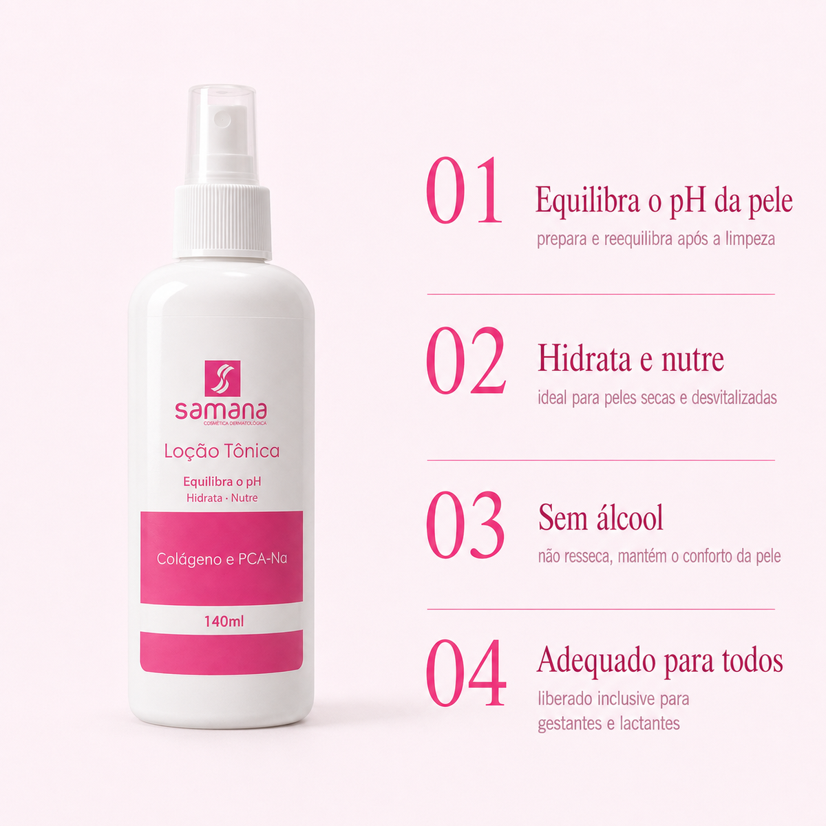 Samana Loção Tônica Colágeno PCA-Na Sem Álcool 140ml — principais benefícios