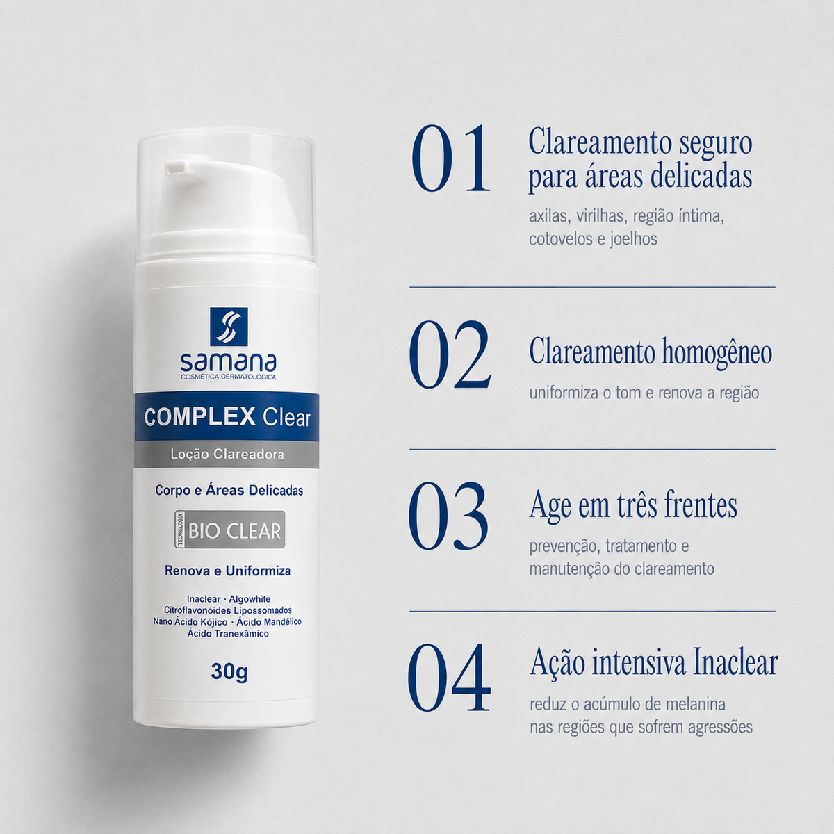 Samana Loção Clareamento de Axilas Complex Clear 30g — principais benefícios