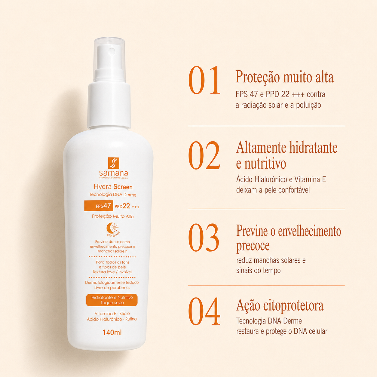 Samana Protetor Solar Hydra Screen Loção Facial FPS 47 140ml