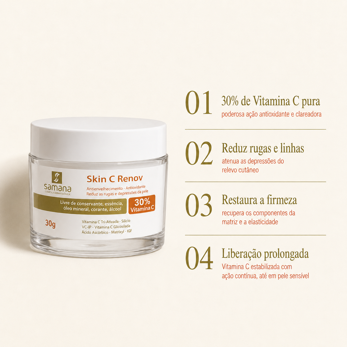Samana Creme Anti Rugas Vitamina C 30% Skin C Renov 30g — principais benefícios