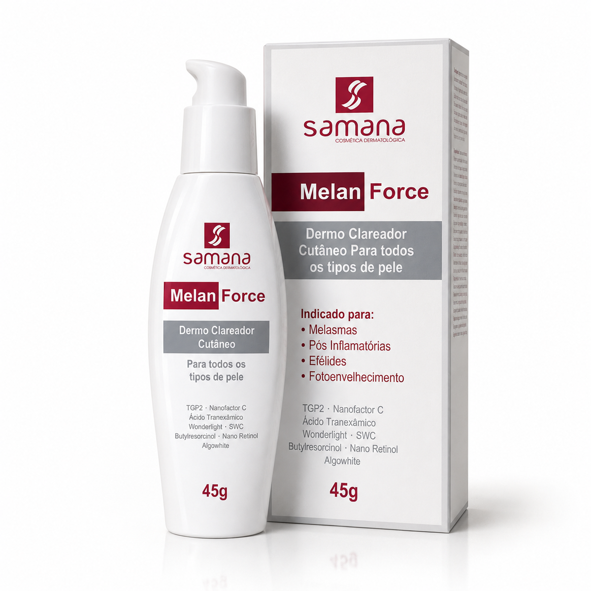 Samana Creme Clareador Cutâneo Melan Force Dermo 45g — frasco e embalagem