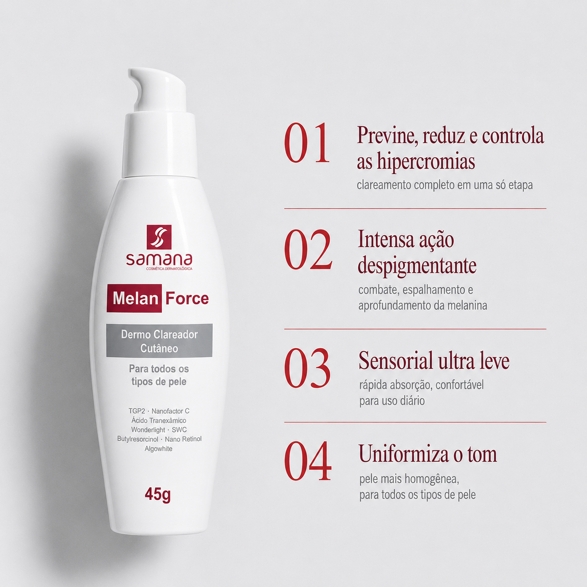 Samana Creme Clareador Cutâneo Melan Force Dermo 45g — principais benefícios
